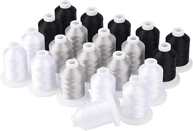 Simthread Embroidery Machine Thread Kit 800Y 21 Spools Black White and Silver Grey Colors for Professional Embroidery Design