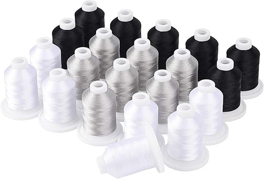 Simthread Embroidery Machine Thread Kit 800Y 21 Spools Black White and Silver Grey Colors for Professional Embroidery Design