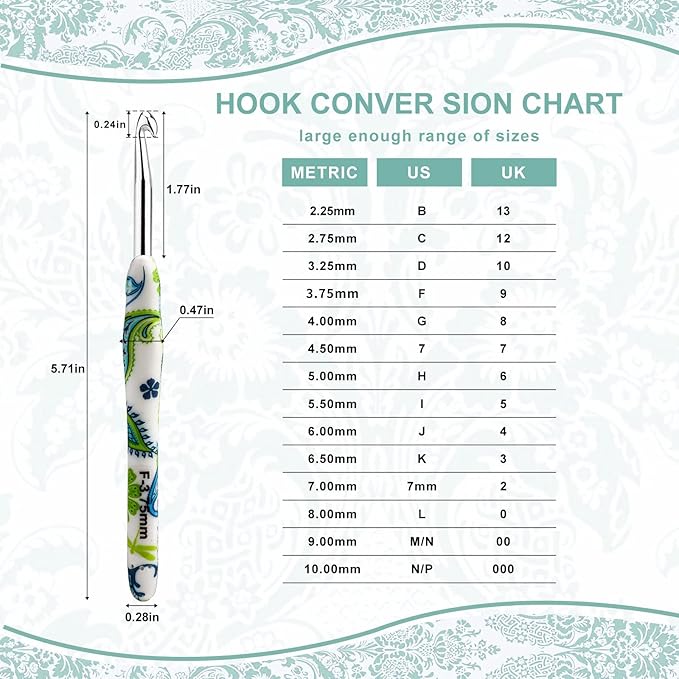 Looen Crochet Hooks Set, 14 Sizes 2.25mm(B)-10mm(N) Ergonomic Handle for Arthritic Hands, Soft Rubber Grip Knitting Needles Kit for Crochet Beginners, Knitting Enthusiasts(Green)