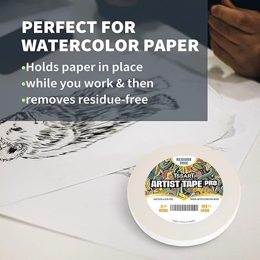 White Artist Tape Pro - Low Tack Masking Artists Tape for Drafting Art Watercolor Painting and All Paper Media - Acid Free 1/2inch Wide 180FT Long
