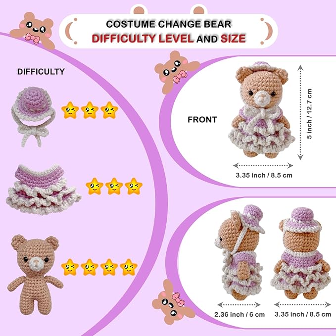 LoopMap Amigurumi Crochet Kit for Beginners with Removable Dress & Video Tutorials, DIY Bear Making Kit Includes Premium Yarn & Tools, Creative Gift for Adults Teens (Purple)