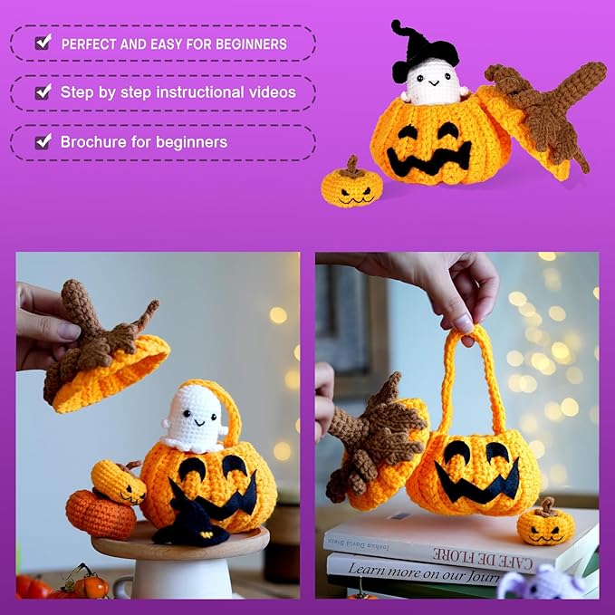 Beginners Easy to Start Crochet Kits for Beginners Halloween Pumpkin Animals Candy Bag Case Crochet Set DIY Gift for Starters Adult Kids Instruction and Video Tutorials