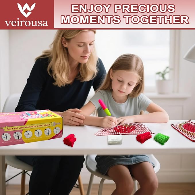 veirousa Strawberry & Watermelon Latch Hook Pencil Case Kit for Adults Beginners, Flully Fruit DIY Craft Pencil Pouch for Girls Boys 2 Pack Set