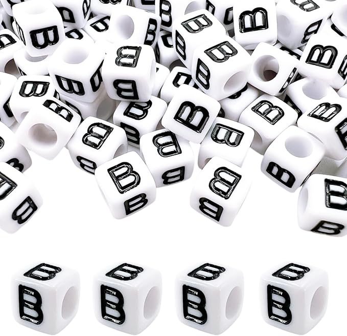 MIIIM 100pcs Pony Beads Letter B for Keychains Making, 6x6mm Large Hole Square Letter Beads for Bracelets Making, Alphabets, Numbers (White and Black)