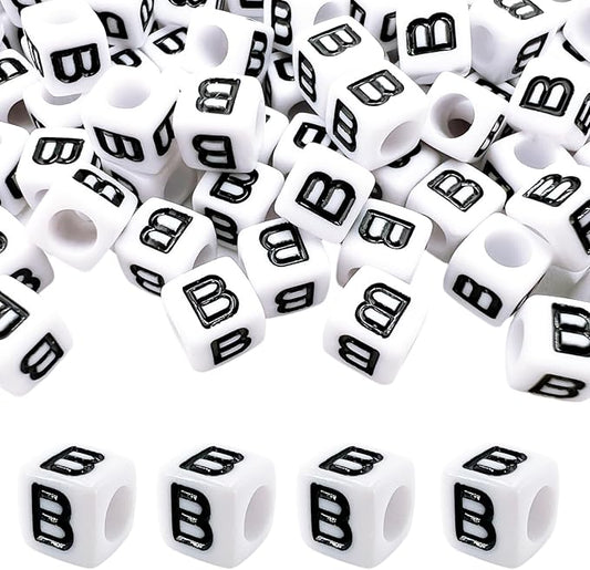 MIIIM 100pcs Pony Beads Letter B for Keychains Making, 6x6mm Large Hole Square Letter Beads for Bracelets Making, Alphabets, Numbers (White and Black)