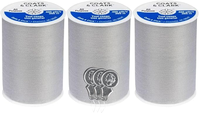 Coats & Clark Dual Duty All Purpose Sewing Thread 230A 400 Yards Each Spool 3 Pack Bundle with Bella's Crafts Needle Threaders (Nugrey)