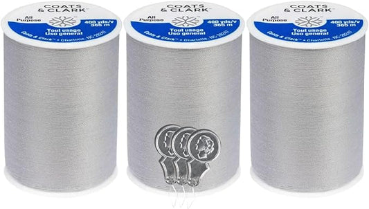 Coats & Clark Dual Duty All Purpose Sewing Thread 230A 400 Yards Each Spool 3 Pack Bundle with Bella's Crafts Needle Threaders (Nugrey)