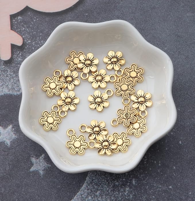 Ruwado 50 Pcs Little Flowers Charms Metal Vintage Cute Vintage Small Flower Pendants for Jewelry Making Kit Bracelet Necklace DIY Making Crafting Project Accessories Supplies (Antique Gold)