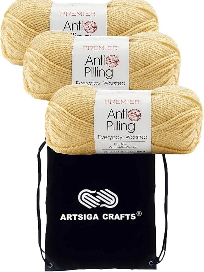 Premier Yarns Everyday Anti-Pilling Solid Butter DN100-88 (3-Skeins - Same Dye Lot) #4 Worsted Weight Acrylic Yarn for Crocheting and Knitting with Project Bag