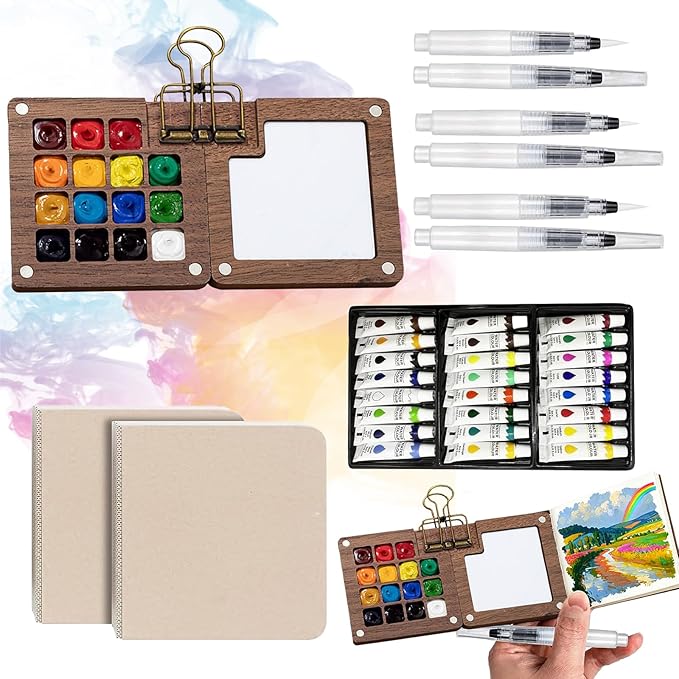 Tobeno1 Mini Watercolor Paint Set, Wooden Mini Portable Paint Palette Travel Kit, with Paint, Brush, Sketchbook & Copper Clip, for Beginners, Artists & Painting Enthusiasts (1 Set)