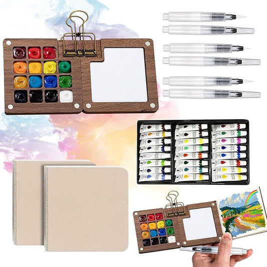 Tobeno1 Mini Watercolor Paint Set, Wooden Mini Portable Paint Palette Travel Kit, with Paint, Brush, Sketchbook & Copper Clip, for Beginners, Artists & Painting Enthusiasts (1 Set)