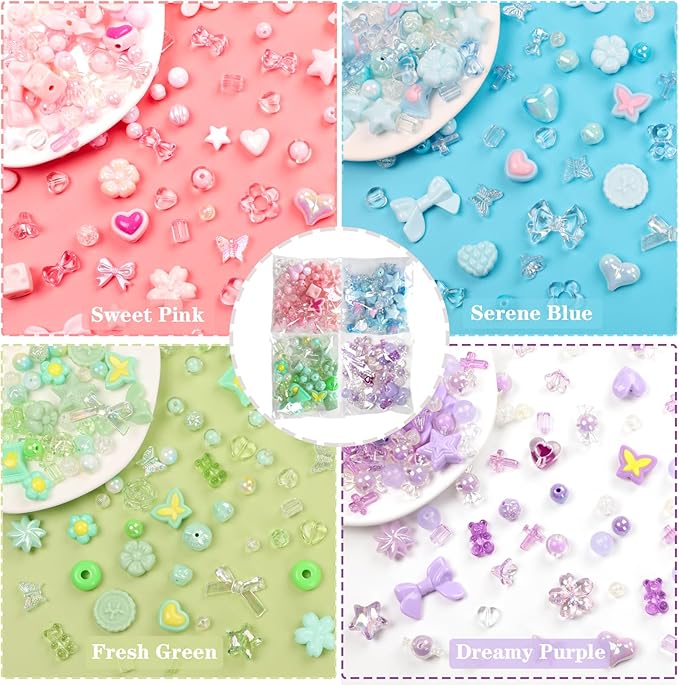 HSONAIGEE 200-220 Pieces Acrylic Beads for Bracelet Making, Assorted 4 Colors Cute Bead Charms Jewelry Making Kit Flower Heart Gummy Bear Star Beads for DIY Crafts Phone Charms Necklace Keychains