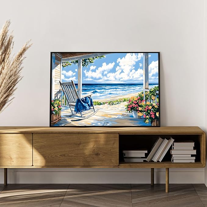 Framed Paint by Numbers Kit for Adults Beginner Seaside Scenery, Adult Paint by Number Kits on Canvas Framed, DIY Acrylic Oil Painting by Numbers with Frame, Perfect for Home Decor Gift 12 X 8 Inch