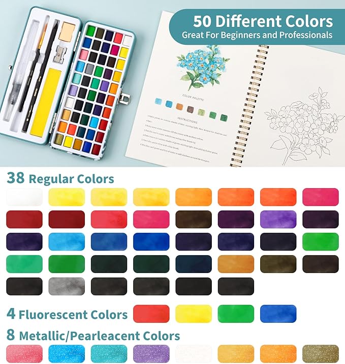 Watercolor Workbook, Water Coloring Book, 12 Different Patterns of Original DIY Designs, 50 Colors Watercolor Paint Set with Palette and Brush, Beginner-Friendly Watercolor Workbooks (Bouquets)