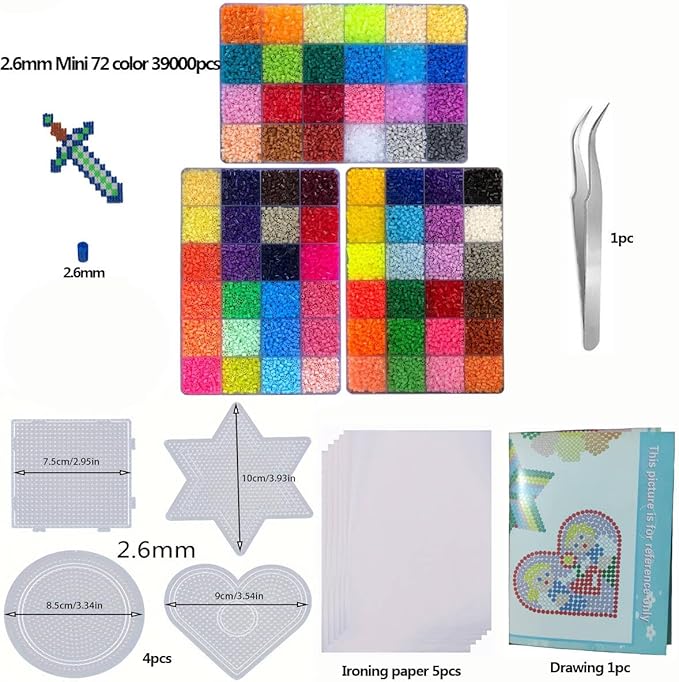 ZLLBTMO 39000 Pcs Fuse Beads Kit for Craft Making 72 Colors 2.6mm Mini Small Iron Beads Set for Aduld, with Box, 4 Pegboards, 1 Drawing, 1 Tweezers, 5 Ironing Paper