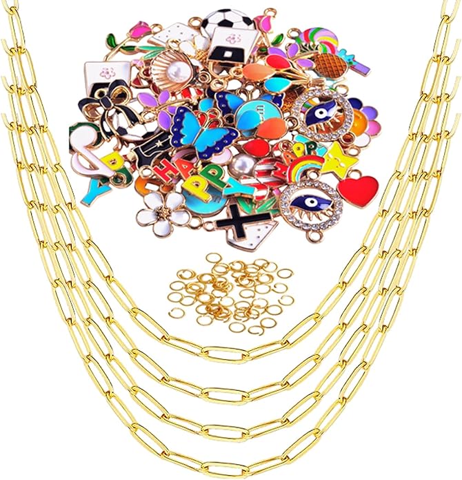 Gold Charm Necklace Kit - 4pcs 18in Stainless Steel Paperclip Chains & 50pcs Assorted Cute Gold Charms for DIY Jewelry Making