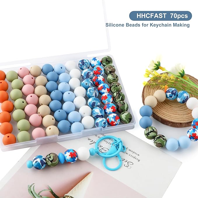 70Pcs Print Silicone Beads for Keychain Making,Round 15mm Silicone Beads for Pens, Necklace and Bracelets Making（Camouflage Print）