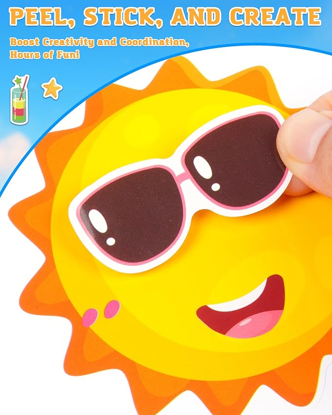 aowplc 48 sheets summer fun make-a-face sticker set for kids – create your own faces with beach, tropical & animal stickers – ideal summer crafts, party favors & creative activities