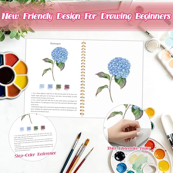 3Pcs Watercolor Workbook - Coloring Book for Beginner, Coloring Books for Adults with Step by Step,3 Essential Adult Coloring Book Themes, Exploration Gift for Adults Teens