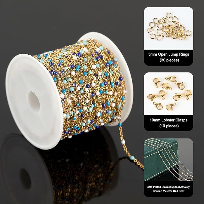 UMAOKANG 33 Feet/10M Blue Mixed Color Bead Chains for Jewelry Making Gold Plated Stainless Steel Soldered Cable Thin Chain on Spool Bracelet DIY Jewelry Findings