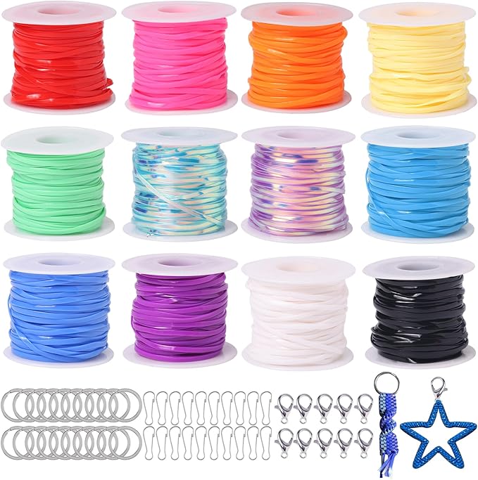Candygirl Lanyard String, 12 Rolls Gimp String Plastic Lacing Cord Elastic String for Bracelet Keychains Boondoggle Making Kit DIY Craft Weaving Kit for Adult Kids Girls（787 Feet）