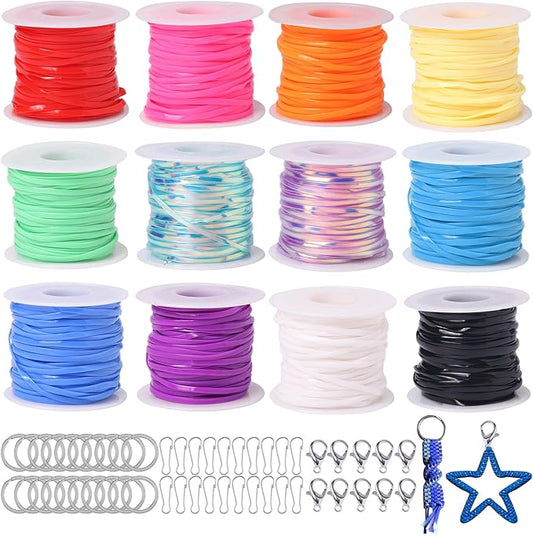 Candygirl Lanyard String, 12 Rolls Gimp String Plastic Lacing Cord Elastic String for Bracelet Keychains Boondoggle Making Kit DIY Craft Weaving Kit for Adult Kids Girls（787 Feet）