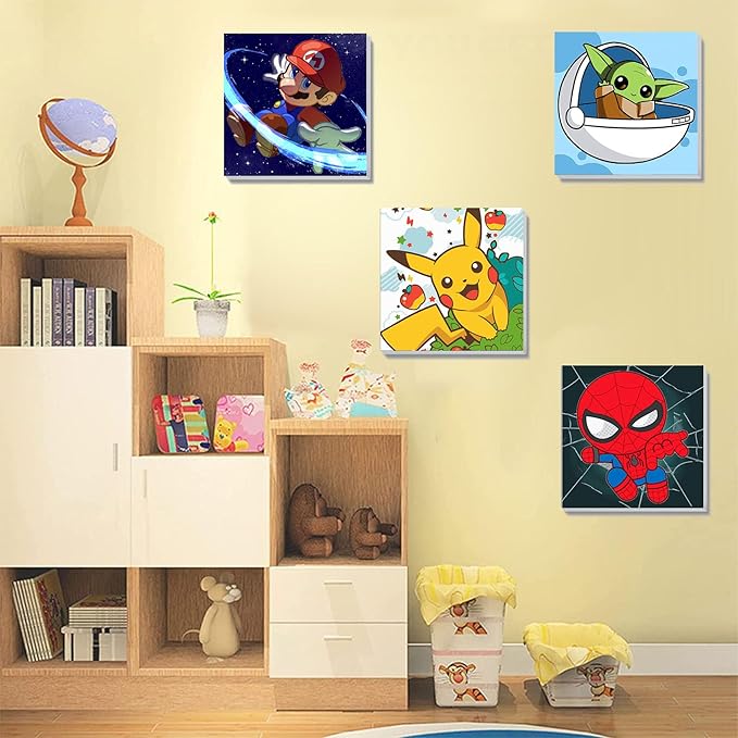 KOJEFCV 4 Pack Cartoon Paint by Numbers for Kids with Framed Canvas-with Wooden Easel, Paint by Number for Kids Ages 4-8-12, DIY Easy Acrylic Oil Painting Kits for Home Wall Decor (8X8inch)