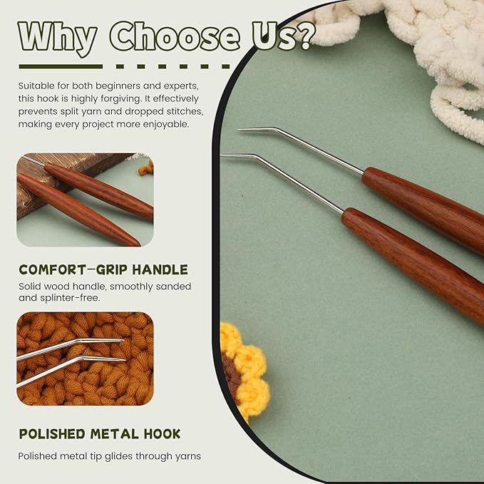 Wuadua 2Pcs Loom Hook, Crochet Hooks for Knit Picker, Handle Knitting Board Matching Hook Needle, Crochet Tools with Convenient Wooden Handles for Beginners Knittings Knitter DIY Crochet