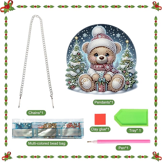 Christmas Diamond Painting Hanging Ornament Kit, 5D DIY Crystal Diamond Art Pendant with Bear Doll and Christmas Tree, Wall, Window & Door Decoration for Adults, Home Holiday Gift, 24.1 x 23.1 cm