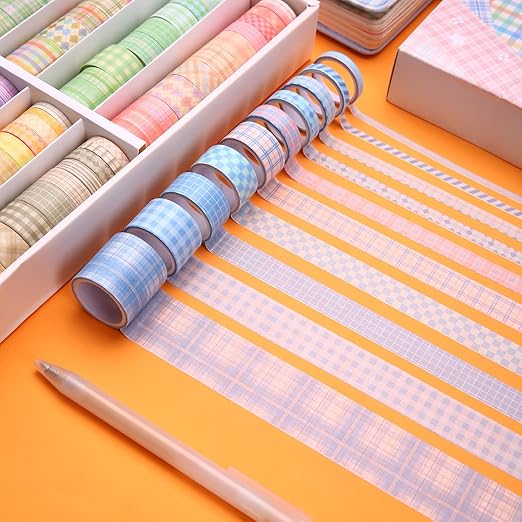 Plaid Washi Tape Set, 100 Rolls Basic Grid Decorative Masking Tapes, 5/8/10/15/20/30mm Wide 6.56ft Long/Roll Colorful Lattice Washi Tape for Arts, DIY Crafts, Journals, Planners, Scrapbook, Wrapping