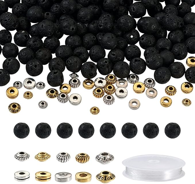 FASHEWELRY Mala Yoga Men Bracelet Making Kit - 300pcs Natural Gemstone Lava Rock Tibetan Alloy Beads Healing Chakra Stone Beads with Elastic Thread for Essential Oil Diffuser Jewelry Making