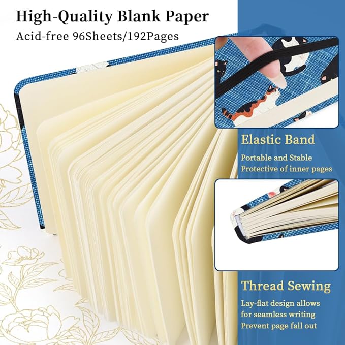 Square 4.8x4.8 inches 80gsm 96sheets/192 Pages Notebooks Blank Sketchbooks Travel Journal Pocket Hardcover Paint Writing Diary Memo Planner Cloth Cover. Cow Cat