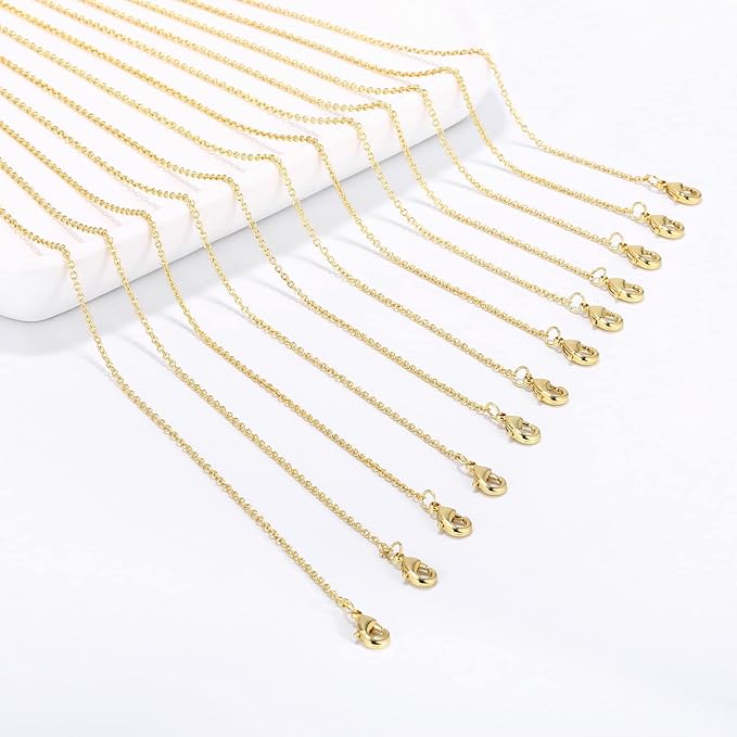 wholesale 12 pcs 14k real gold plated solid brass thin o chain necklace 1 mm finished chain bulk for jewelry making, size 16" + 2" extender