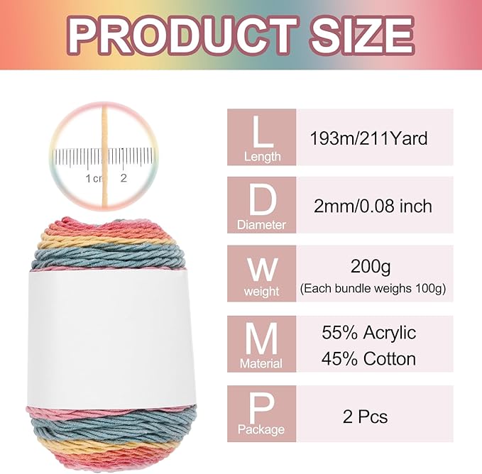 MECCANIXITY Cotton Acrylic Yarn for Crocheting, 422 Yard 5 Ply Soft Gradient Yarn Acrylic 45% Cotton 55% Used for DIY Knitting Blankets Scarves(2 Packx100g,Yellow,Pink,Orange,Red,Blue)
