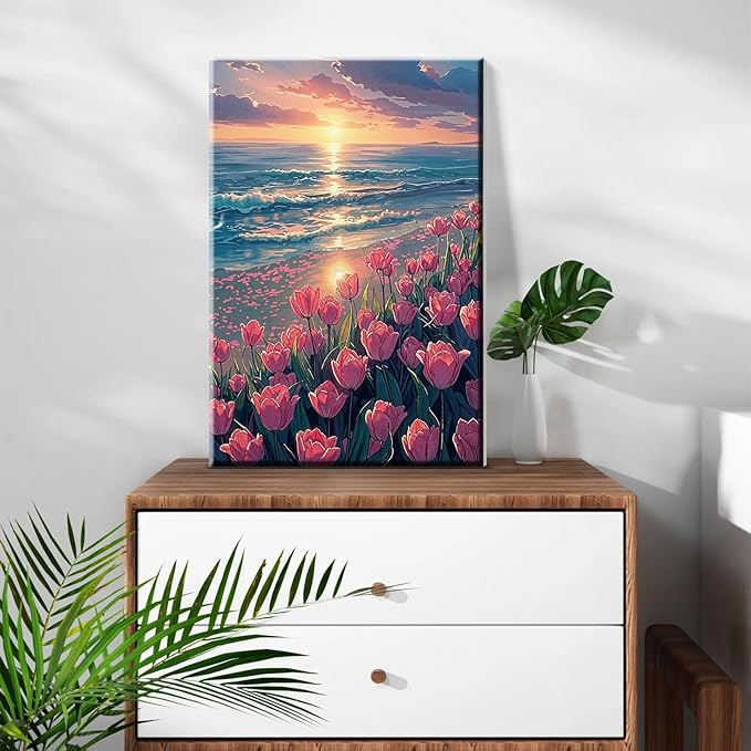 ATDMS Paint by Numbers Kit for Adults with Easel DIY Tulips Adult Paint by Number Kits on Canvas Framed Oil Painting Kits for Wall Hanging Home Room Decor 7.87x11.81 Inch
