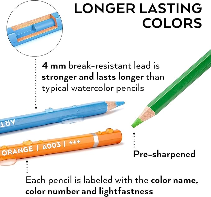 ARTEZA Watercolor Pencils, Set of 120, Water-Soluble Colored Pencils with 4 mm Break-Resistant Core, Pre-Sharpened Tips, and Metal Storage Tin for Blending, Layering, and Wet or Dry Techniques