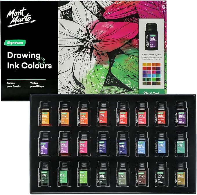 Mont Marte Drawing Ink Colors Signature 24pc x 0.24 US fl.oz (7ml), Art Set Includes Vibrant Ink Colors, for Illustration, Calligraphy, Scrapbooking.
