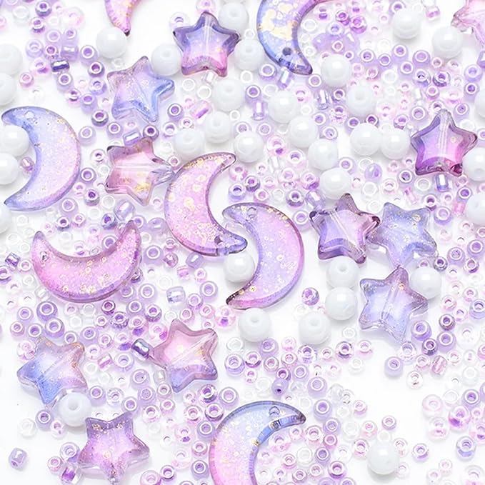 Mixed Star Moon Crystal Glass Beads Seedbeads Loose Round Pearl Beads for Jewelry Making Craft Bracelets Necklaces Earrings DIY Crafts Projects Purple Glass Spacer Bead Kits for Crafts
