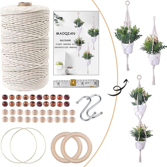maoqian 3 in 1 macrame kit for beginners, 3mm x 220yards cotton macrame cord, 3 diy macrame plant hanger kits for adults with instructions macrame supplies best for macrame plant hanger kit
