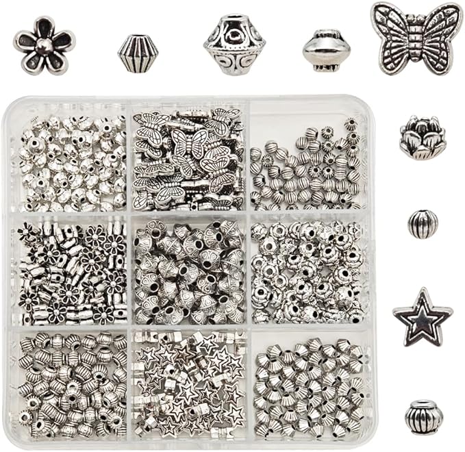 INSPIRELLE 450 Pieces Metal Alloy Spacer Beads Antique Silver Flower Butterfly Star Shaped Loose Beads for Jewelry Making and Crafting
