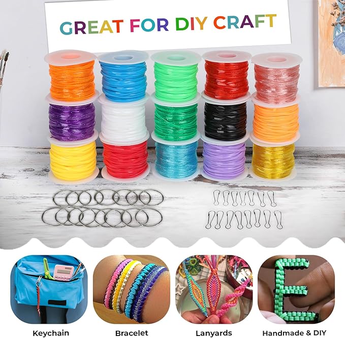 Darice Lanyard Kit - 15 Pack Plastic Gimp String With Assorted Colors - Glitter and Solid Boondoggle for Weaving - Lacing Cord for Bracelets, DIY Keychains, Crafts