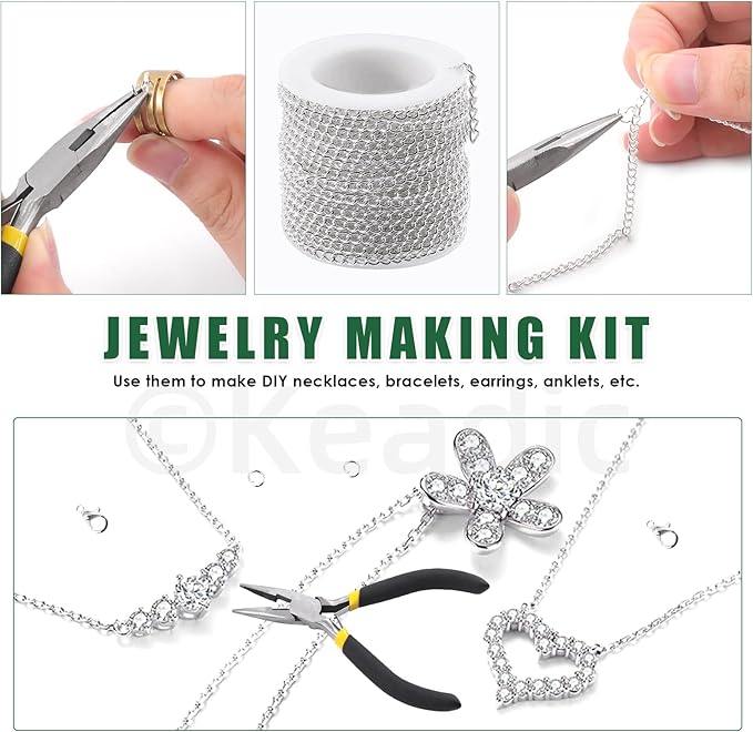 Keadic 102Pcs 30 Feet Jewelry Making Chains Kit W 3mm Metal Necklace Twisted Links Chain, Lobster Clasps, Open Jump Rings and Jewelry Pliers for Bracelet Earring Anklet DIY (Silver)