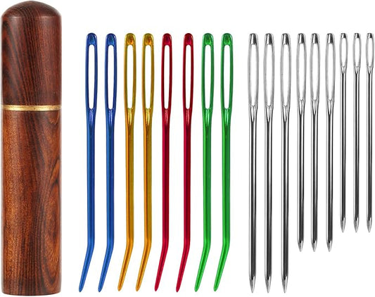 17pcs Large Eye Sewing Needles Kit, Stainless Steel Large-Eye Blunt Needles & Bent Tapestry Needles, Sharp Tapestry Needles Hand Knitting Needles with Wooden Needle Case for Crochet Projects