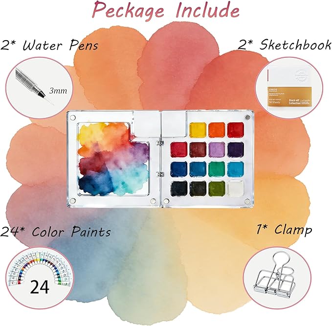 Mini Watercolor Travel Set - 24 Colors Travel Watercolor Kit with 2 Sketchbooks & 2 Water Brushes & Copper Clip, Magnetic Folding Palette for Outdoor Painting, Artists and Painting Enthusiasts