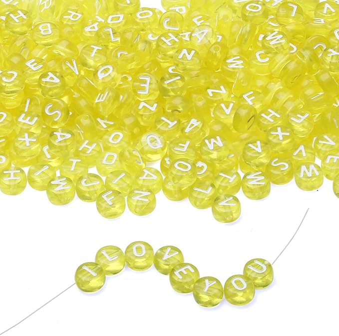 LAIDANLA 1500PCS Acrylic Letter Beads Alphabet White Letters Yellow Transparent Round Bead 7×4mm for Jewelry Bracelets Necklaces Key Chains Making