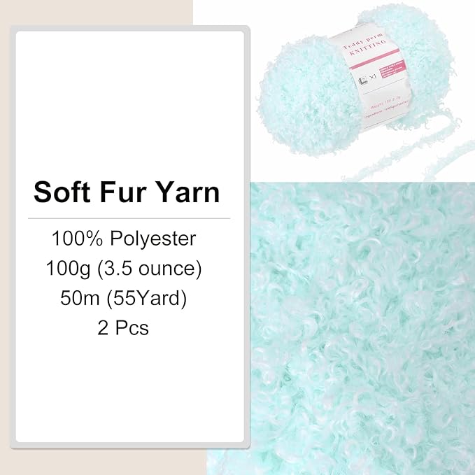 MECCANIXITY 2 Skeins Fur Yarn Soft Fluffy Chunky Yarn Fuzzy Eyelash Yarn Water Blue for Crocheting Knit Clothes Bag - 55Yard/50m, 3.22ozx2
