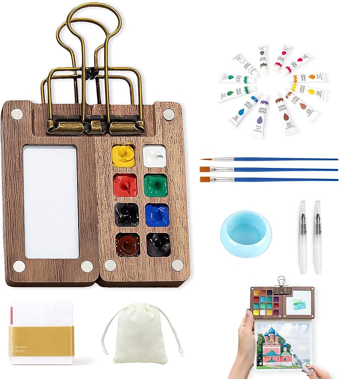 EVOCKAY Portable Watercolor Travel Set - Mini Artist Paint Palette with Clip, 12 Vibrant Colors in 8 Grids, Perfect for Artists, Painters & Students - Wooden Travel Kit