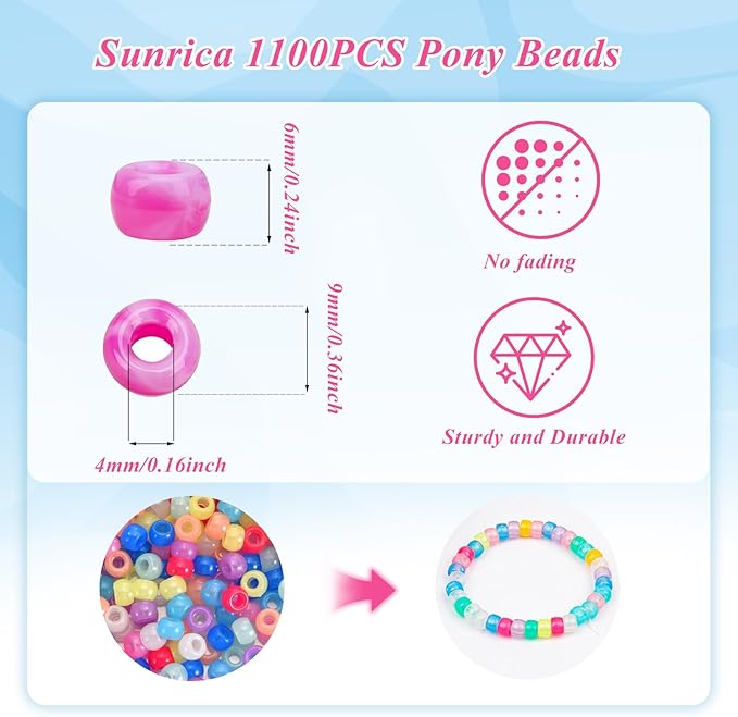 sunrica 1100pcs glow in the dark pony beads 6x9mm 9 colors large hole plastic beads for kandi, hair braids, necklaces, friendship bracelets