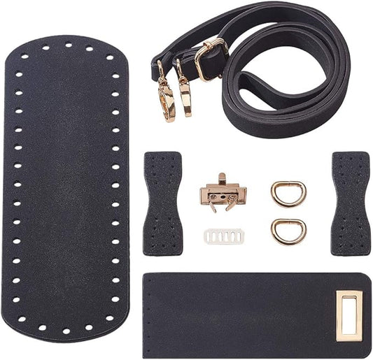 PandaHall DIY PU Leather Bag Knitting Set, Leather Bottom/26' Shoulder Strap/Bag Twist Lock/Flap Cover/Buckles for Crochet Handbag Tote, Black (7 Accessories)