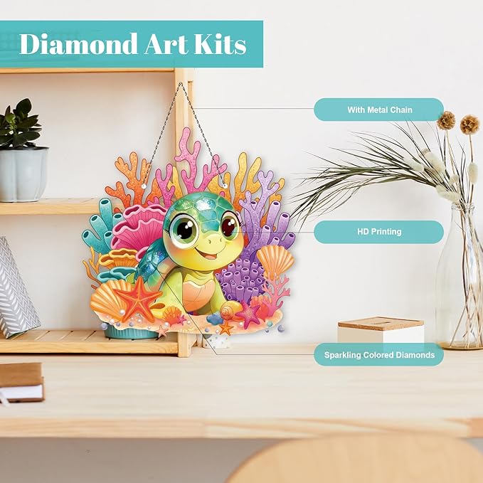 Roneenz Diamond Painting Kits Hanging Pendant, Turtle Hanging Diamonds Art kit for Adults, Special Shaped DIY 5D Art Window Decor, Home Garden Room Decor Gifts for Women and Girls
